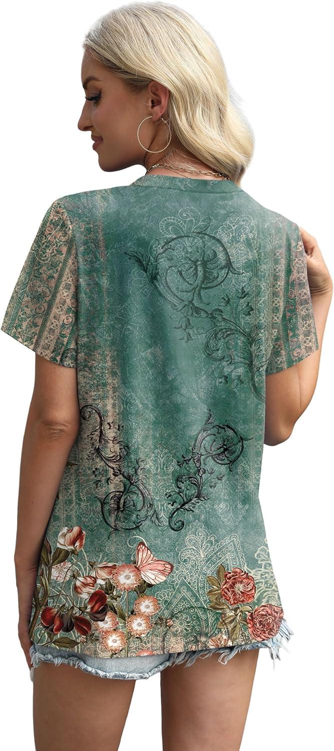 imageXIEERDUO Womens Summer Tops 2025 Pleated Round Neck Short Sleeve Shirts Business CasualZ Floral Green