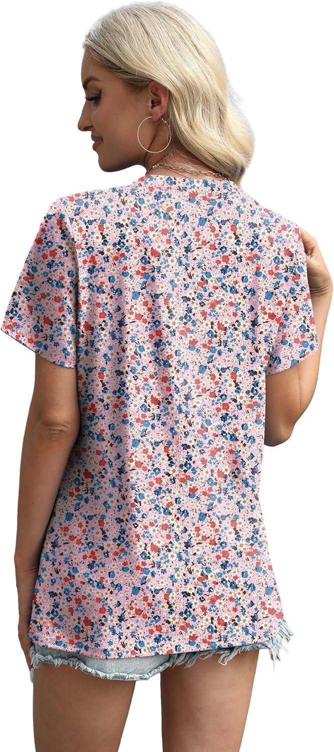 imageXIEERDUO Womens Summer Tops 2025 Pleated Round Neck Short Sleeve Shirts Business CasualZ Floral Pink