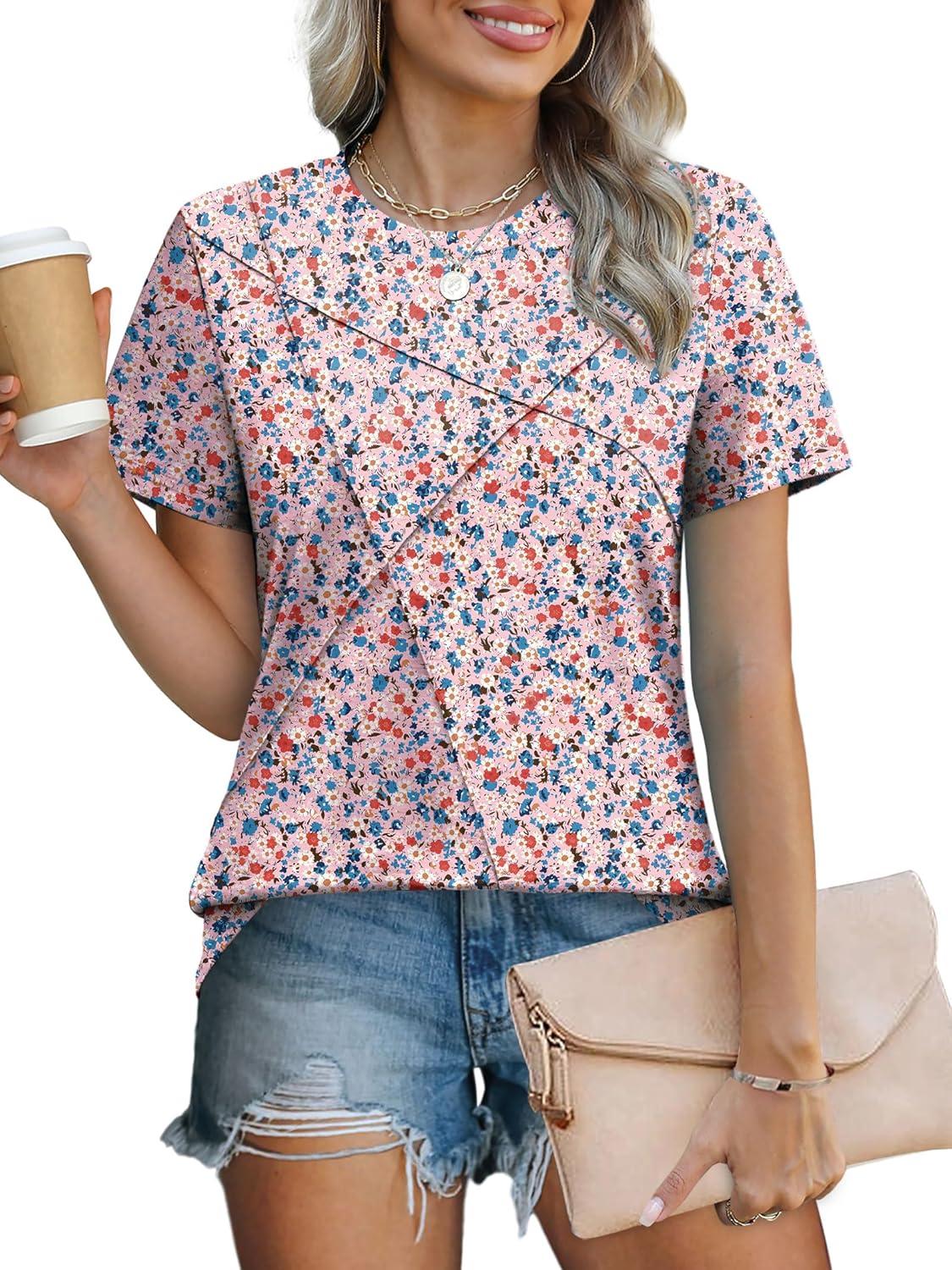 imageXIEERDUO Womens Summer Tops 2025 Pleated Round Neck Short Sleeve Shirts Business CasualZ Floral Pink