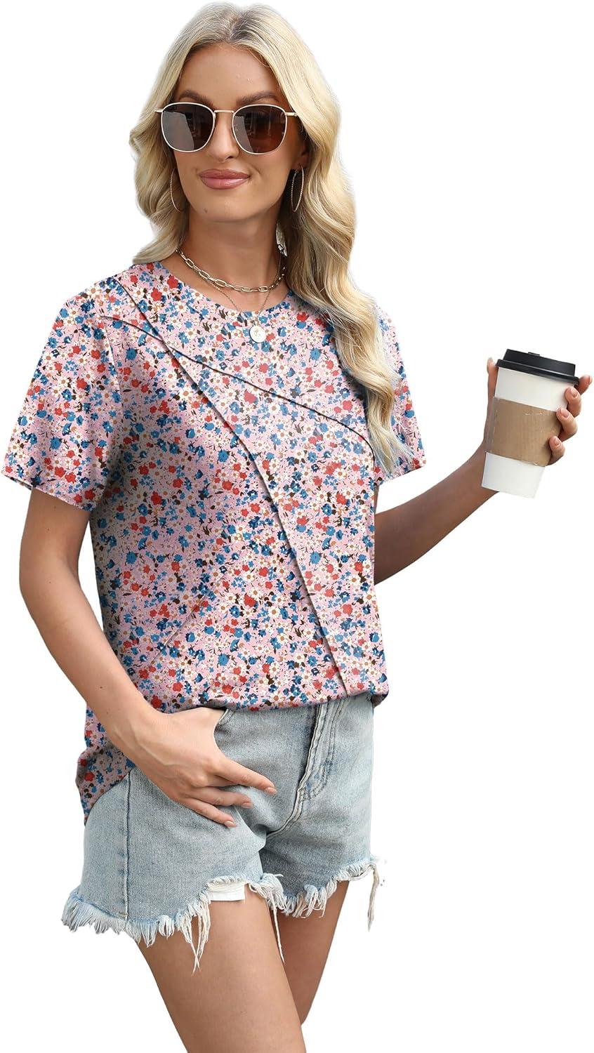 imageXIEERDUO Womens Summer Tops 2025 Pleated Round Neck Short Sleeve Shirts Business CasualZ Floral Pink