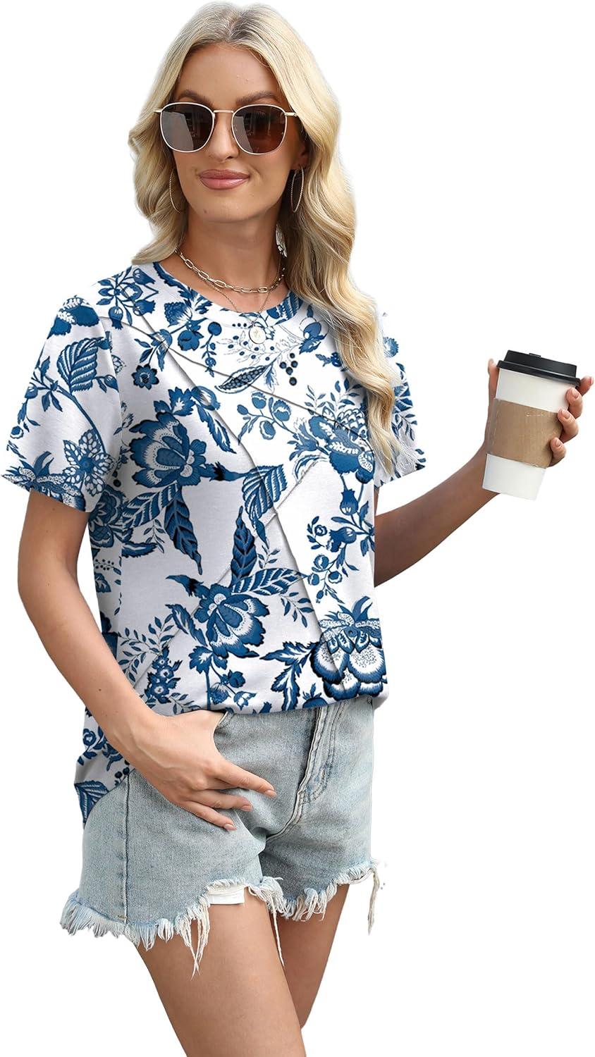 imageXIEERDUO Womens Summer Tops 2025 Pleated Round Neck Short Sleeve Shirts Business CasualZ Floral White