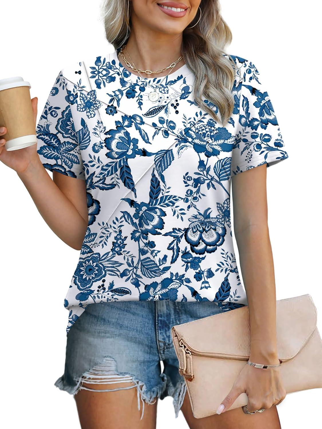 imageXIEERDUO Womens Summer Tops 2025 Pleated Round Neck Short Sleeve Shirts Business CasualZ Floral White