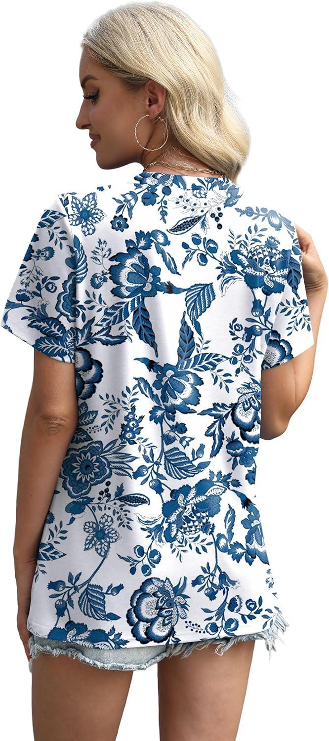 imageXIEERDUO Womens Summer Tops 2025 Pleated Round Neck Short Sleeve Shirts Business CasualZ Floral White