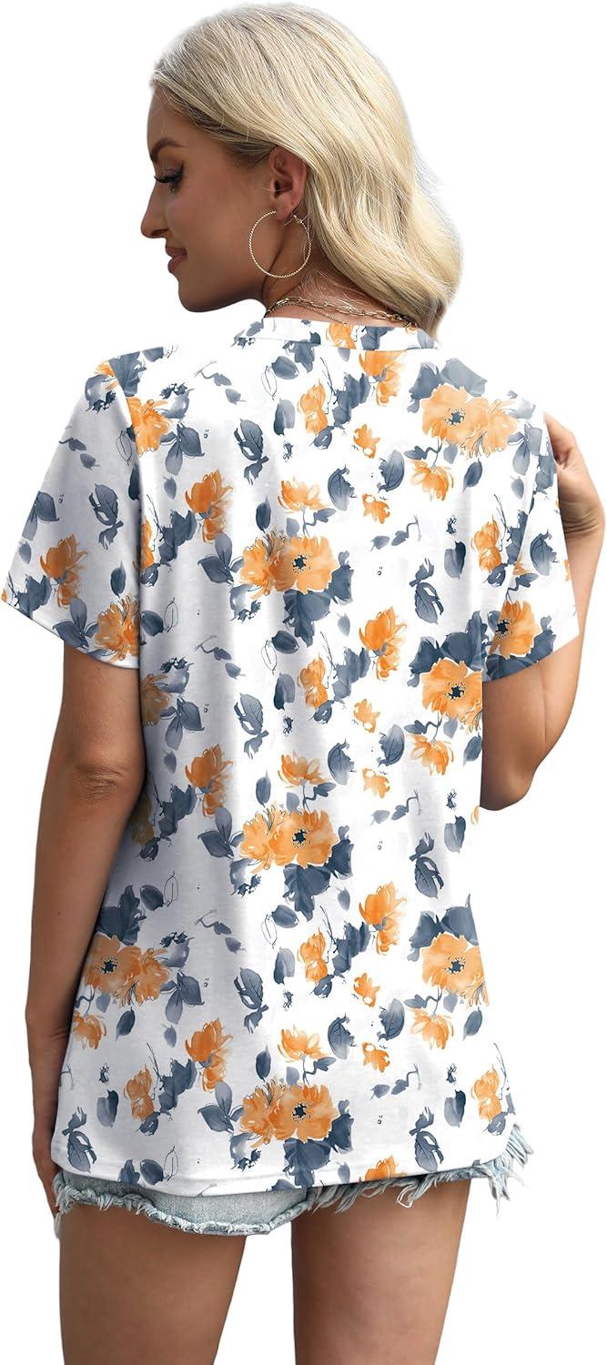 imageXIEERDUO Womens Summer Tops 2025 Pleated Round Neck Short Sleeve Shirts Business CasualZ Floral Yellow