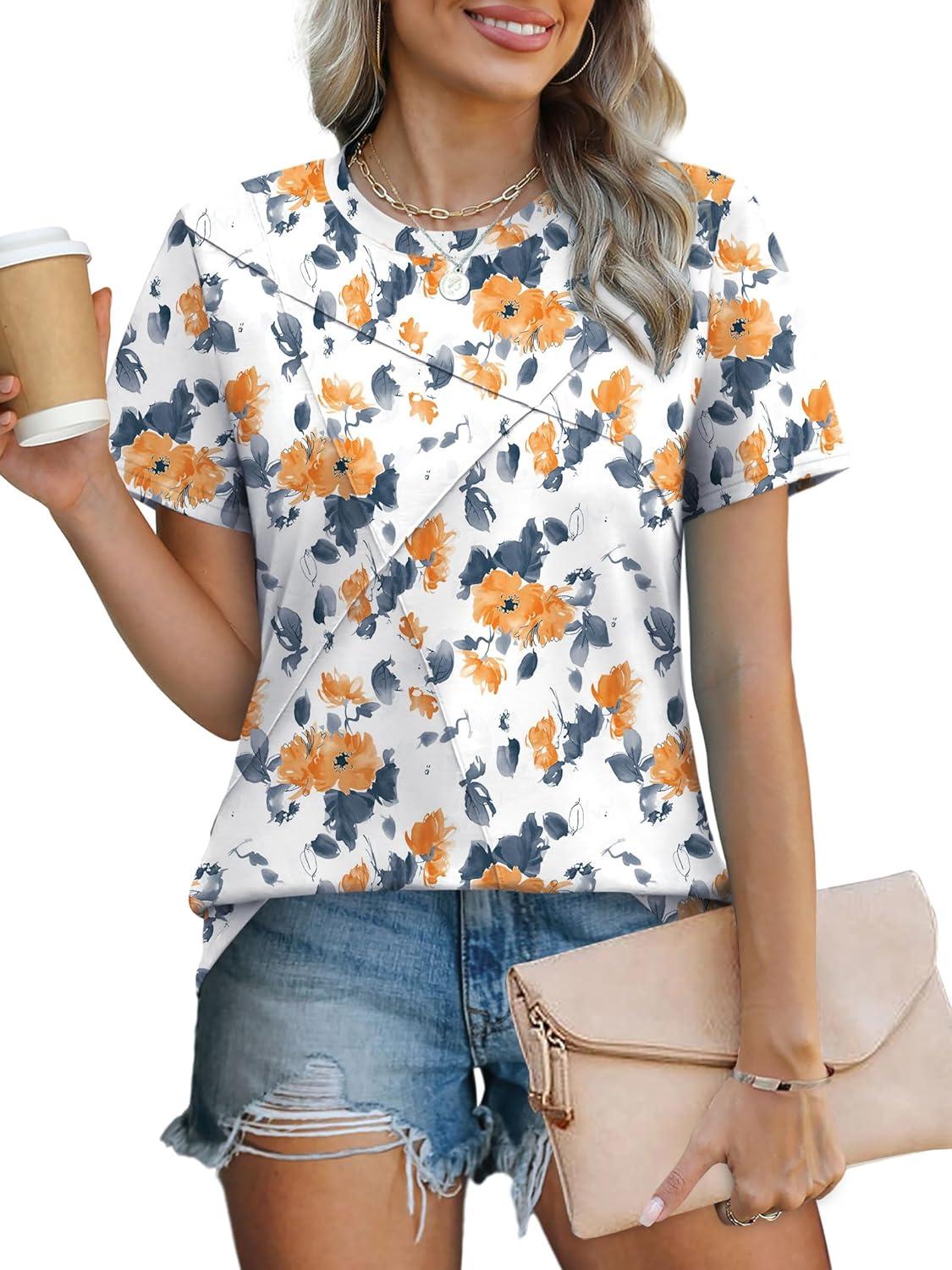 imageXIEERDUO Womens Summer Tops 2025 Pleated Round Neck Short Sleeve Shirts Business CasualZ Floral Yellow