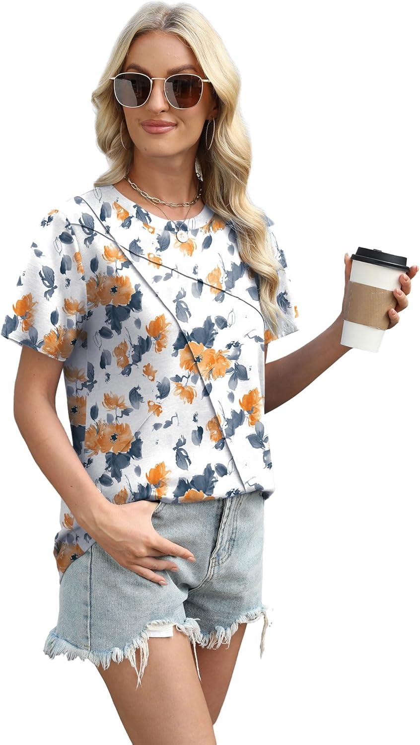 imageXIEERDUO Womens Summer Tops 2025 Pleated Round Neck Short Sleeve Shirts Business CasualZ Floral Yellow