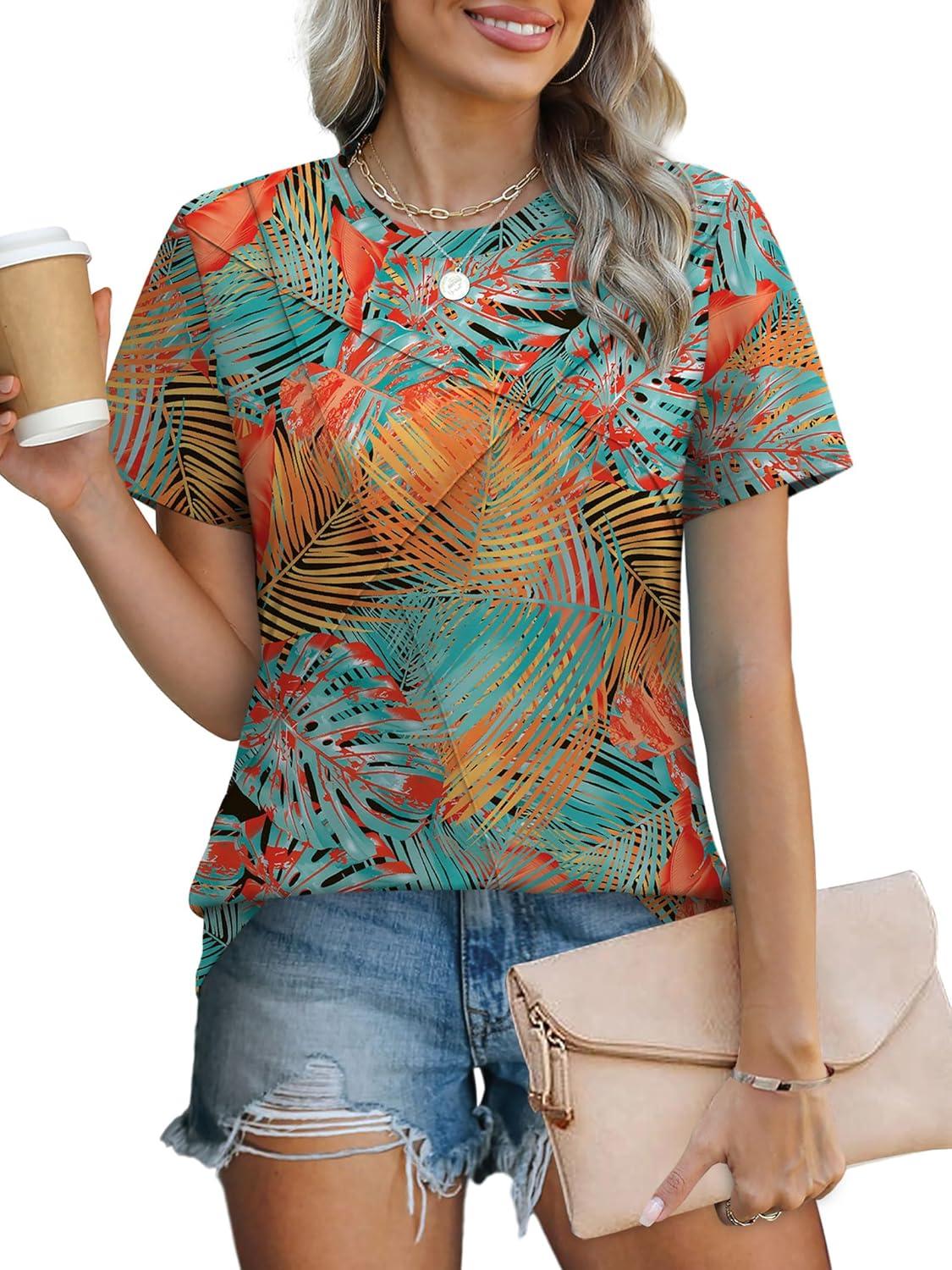 imageXIEERDUO Womens Summer Tops 2025 Pleated Round Neck Short Sleeve Shirts Business CasualZ Green Orange