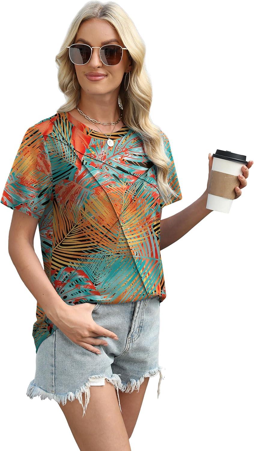 imageXIEERDUO Womens Summer Tops 2025 Pleated Round Neck Short Sleeve Shirts Business CasualZ Green Orange