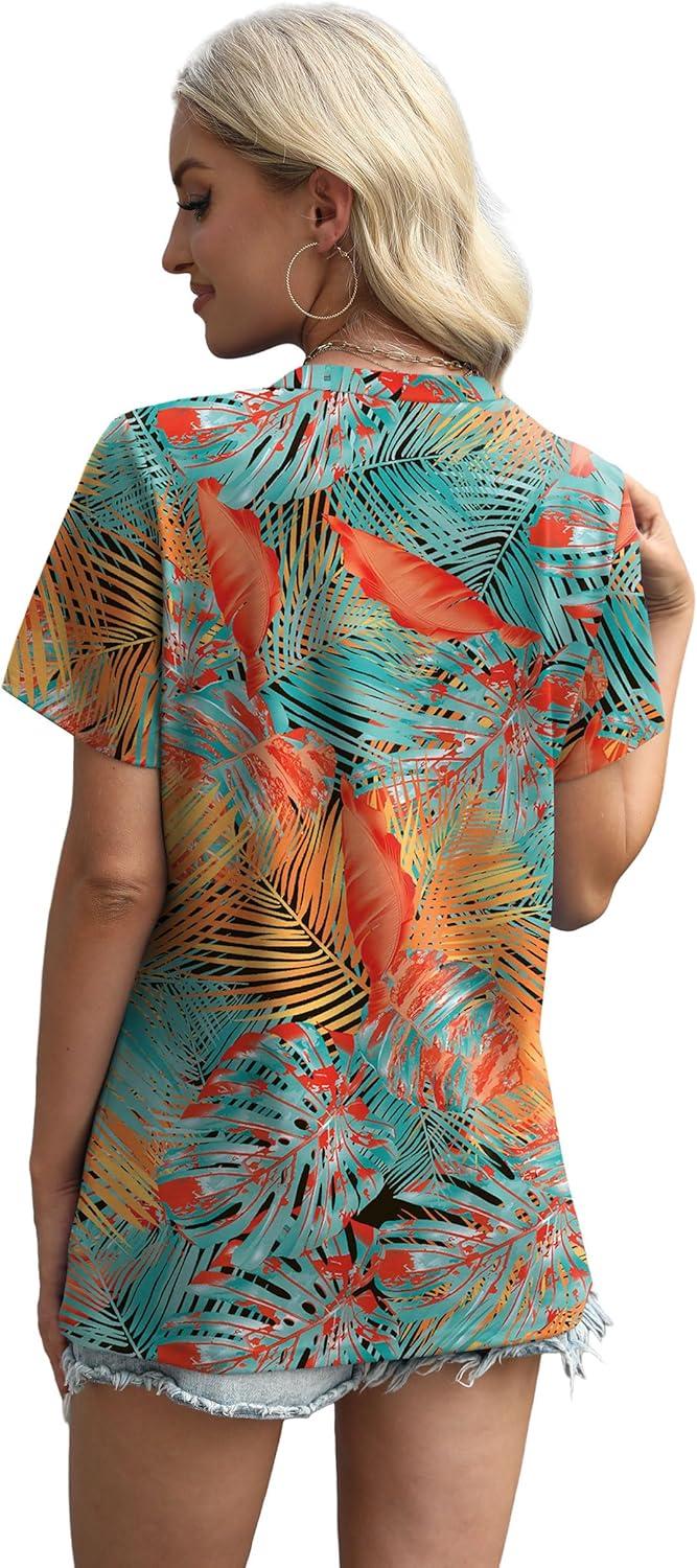 imageXIEERDUO Womens Summer Tops 2025 Pleated Round Neck Short Sleeve Shirts Business CasualZ Green Orange