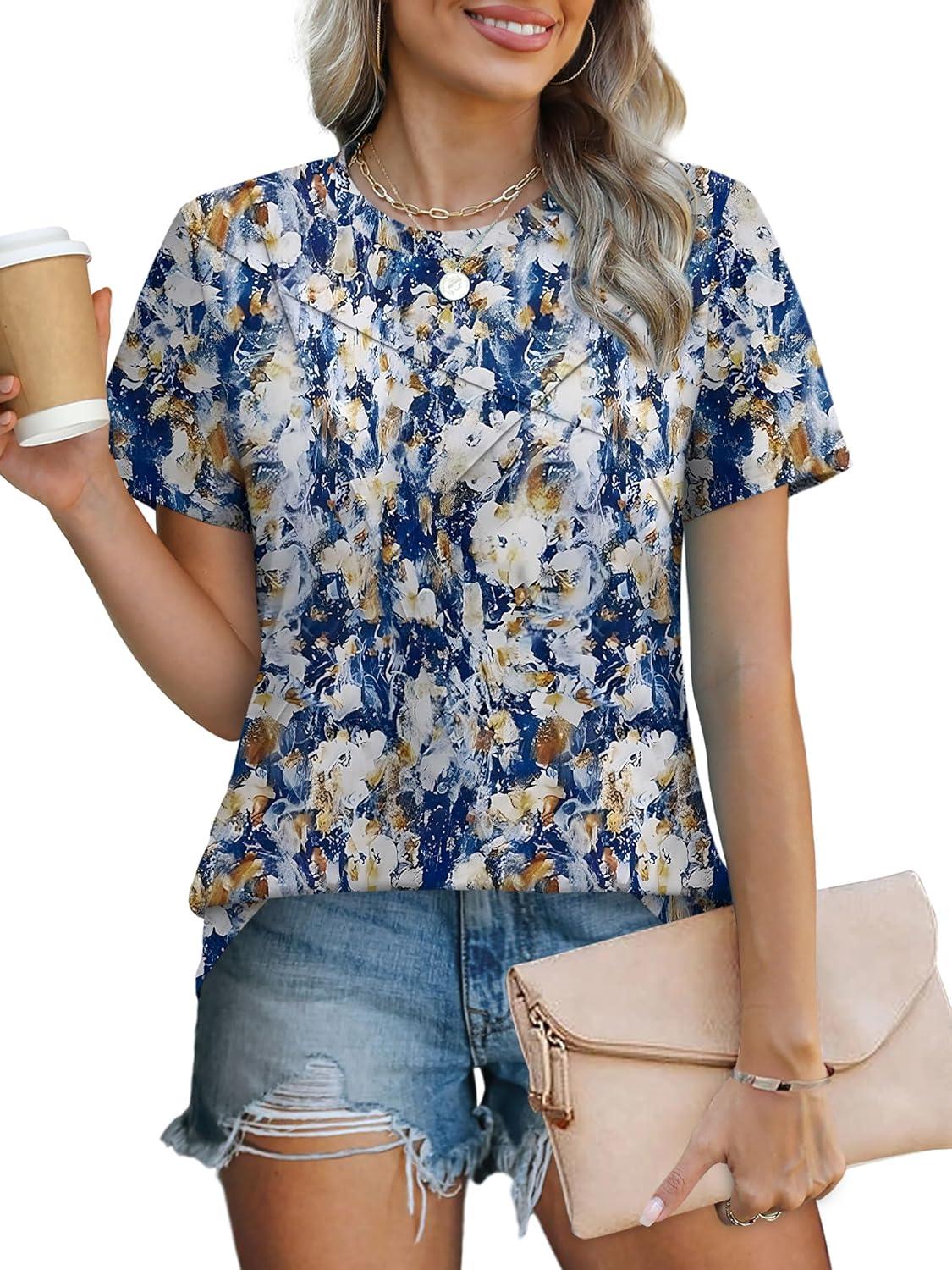 imageXIEERDUO Womens Summer Tops 2025 Pleated Round Neck Short Sleeve Shirts Business CasualZ Multi Blue