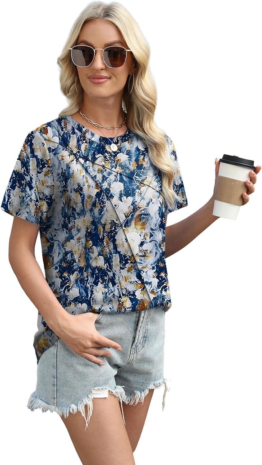 imageXIEERDUO Womens Summer Tops 2025 Pleated Round Neck Short Sleeve Shirts Business CasualZ Multi Blue