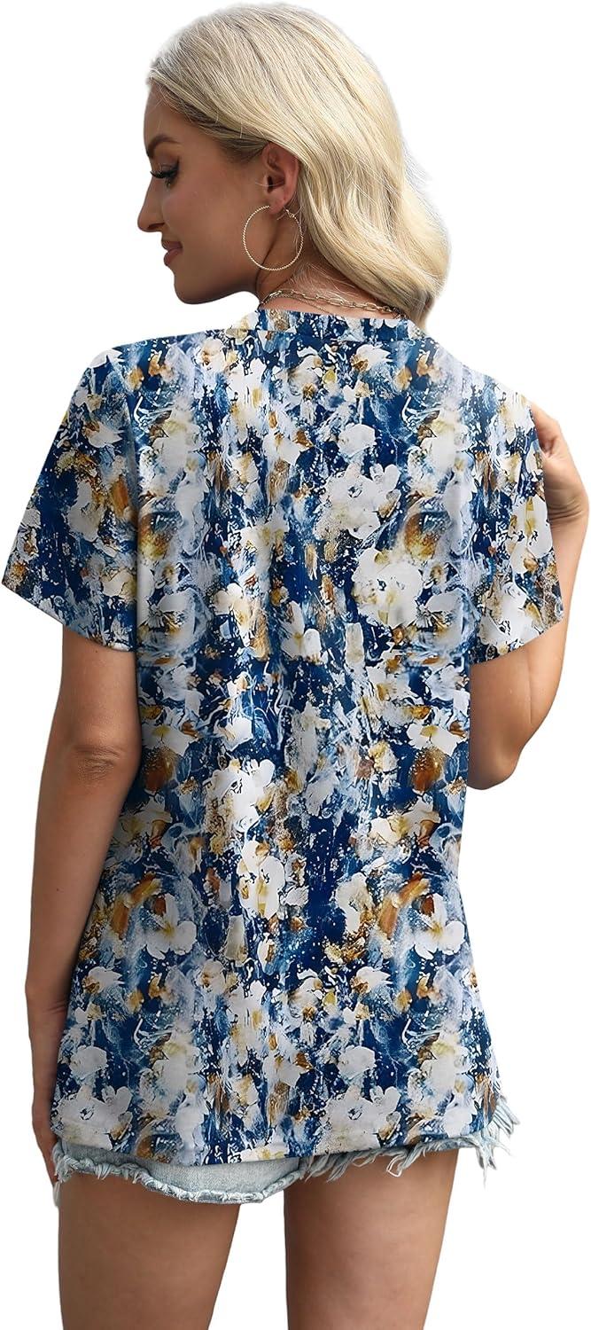 imageXIEERDUO Womens Summer Tops 2025 Pleated Round Neck Short Sleeve Shirts Business CasualZ Multi Blue