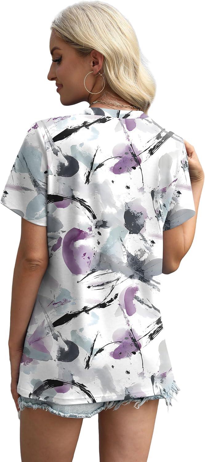 imageXIEERDUO Womens Summer Tops 2025 Pleated Round Neck Short Sleeve Shirts Business CasualZ Multi Purple