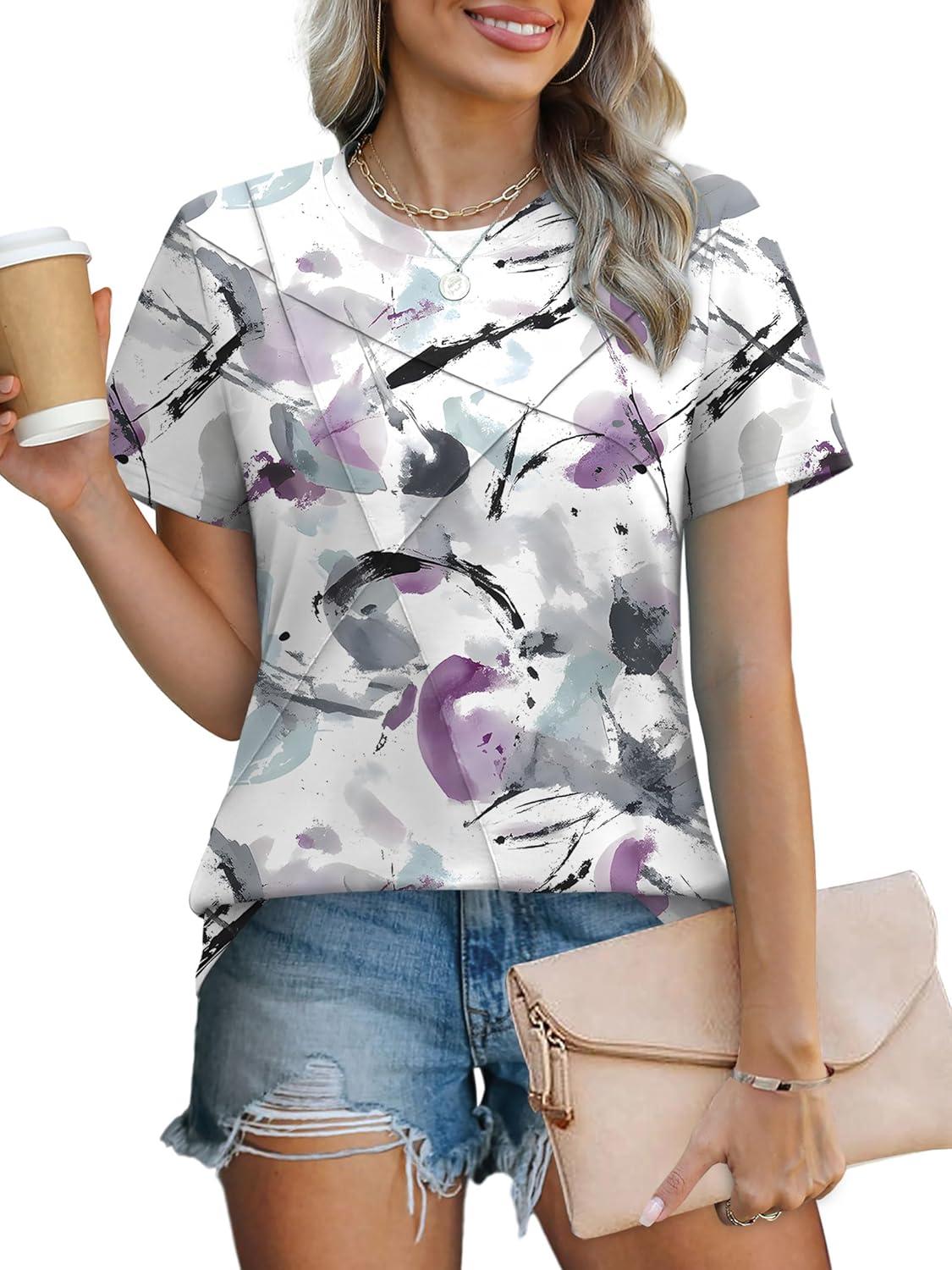 imageXIEERDUO Womens Summer Tops 2025 Pleated Round Neck Short Sleeve Shirts Business CasualZ Multi Purple