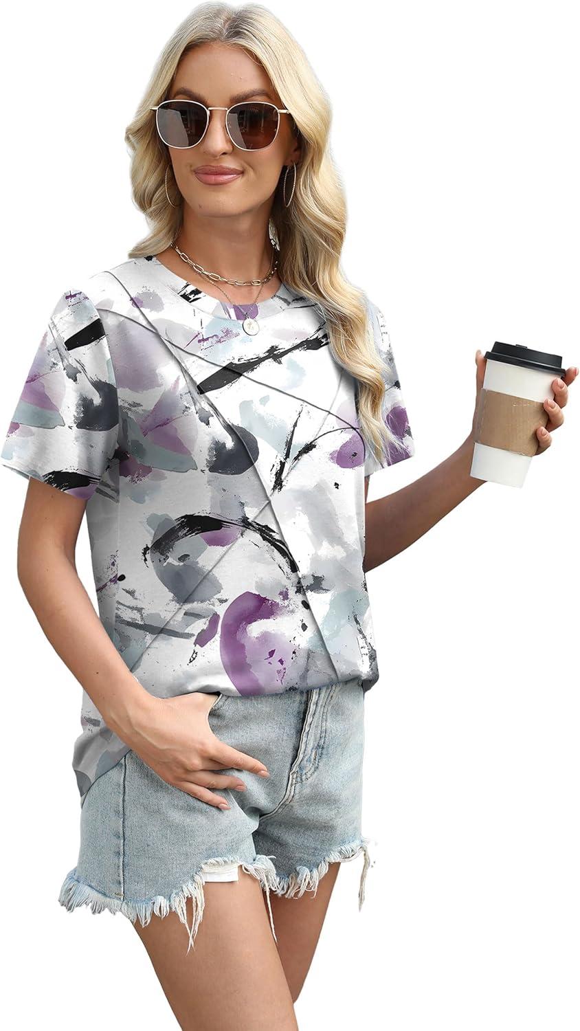 imageXIEERDUO Womens Summer Tops 2025 Pleated Round Neck Short Sleeve Shirts Business CasualZ Multi Purple