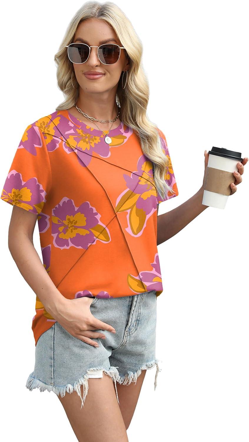 imageXIEERDUO Womens Summer Tops 2025 Pleated Round Neck Short Sleeve Shirts Business CasualZ Orange Floral