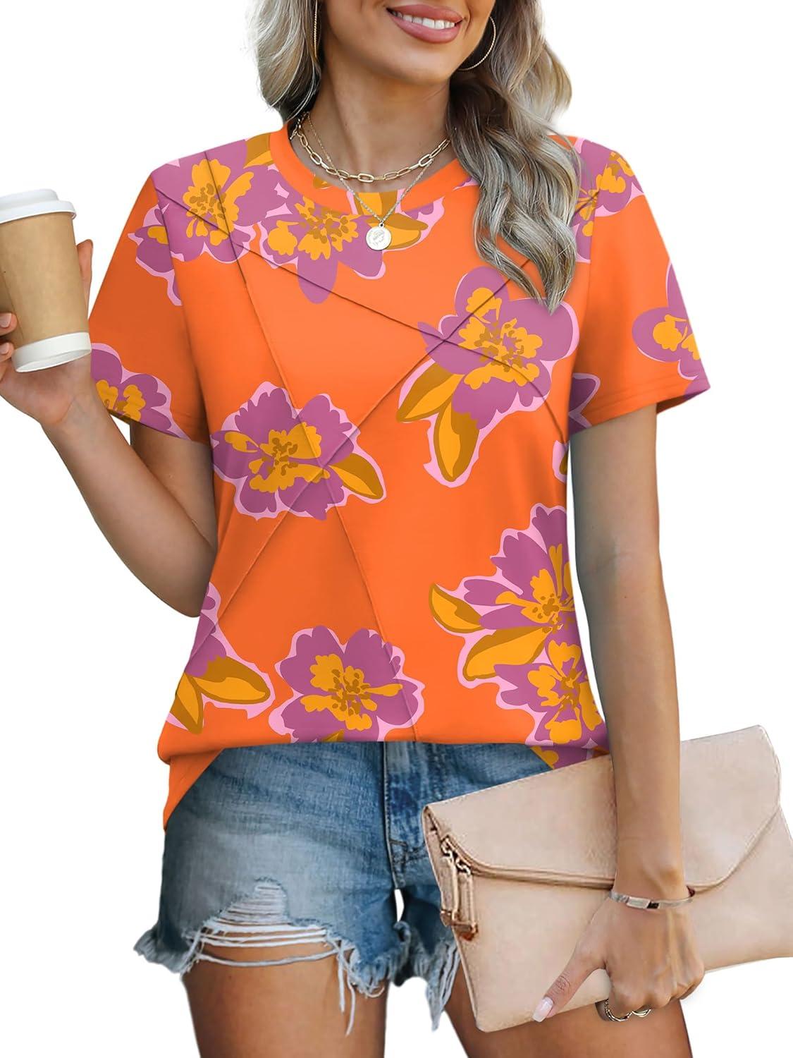 imageXIEERDUO Womens Summer Tops 2025 Pleated Round Neck Short Sleeve Shirts Business CasualZ Orange Floral