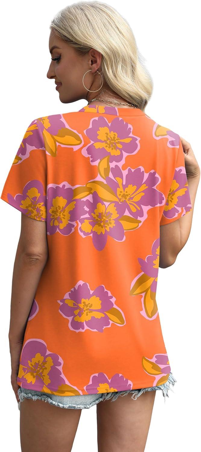 imageXIEERDUO Womens Summer Tops 2025 Pleated Round Neck Short Sleeve Shirts Business CasualZ Orange Floral