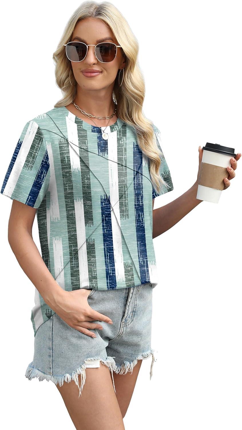 imageXIEERDUO Womens Summer Tops 2025 Pleated Round Neck Short Sleeve Shirts Business CasualZ Plaid Green