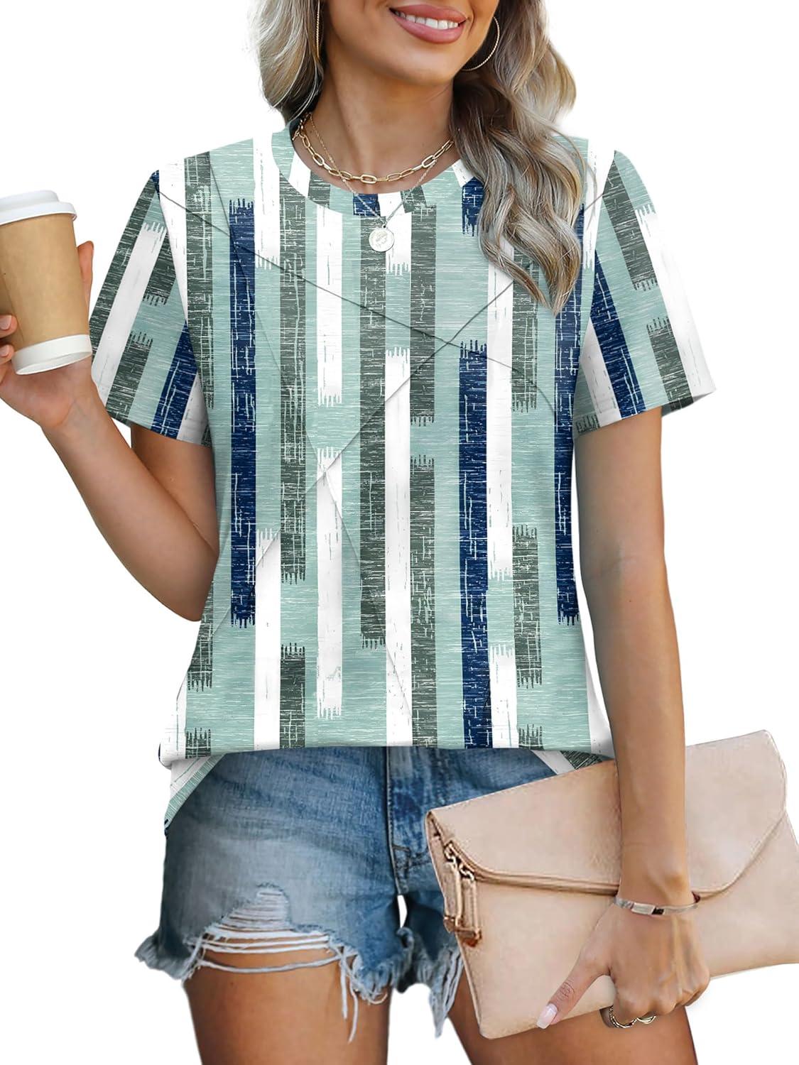 imageXIEERDUO Womens Summer Tops 2025 Pleated Round Neck Short Sleeve Shirts Business CasualZ Plaid Green
