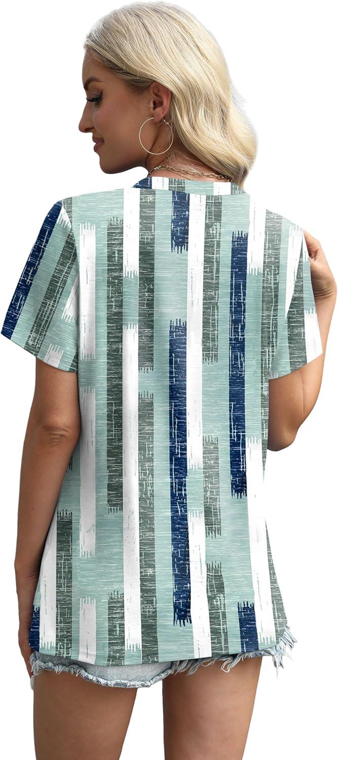 imageXIEERDUO Womens Summer Tops 2025 Pleated Round Neck Short Sleeve Shirts Business CasualZ Plaid Green