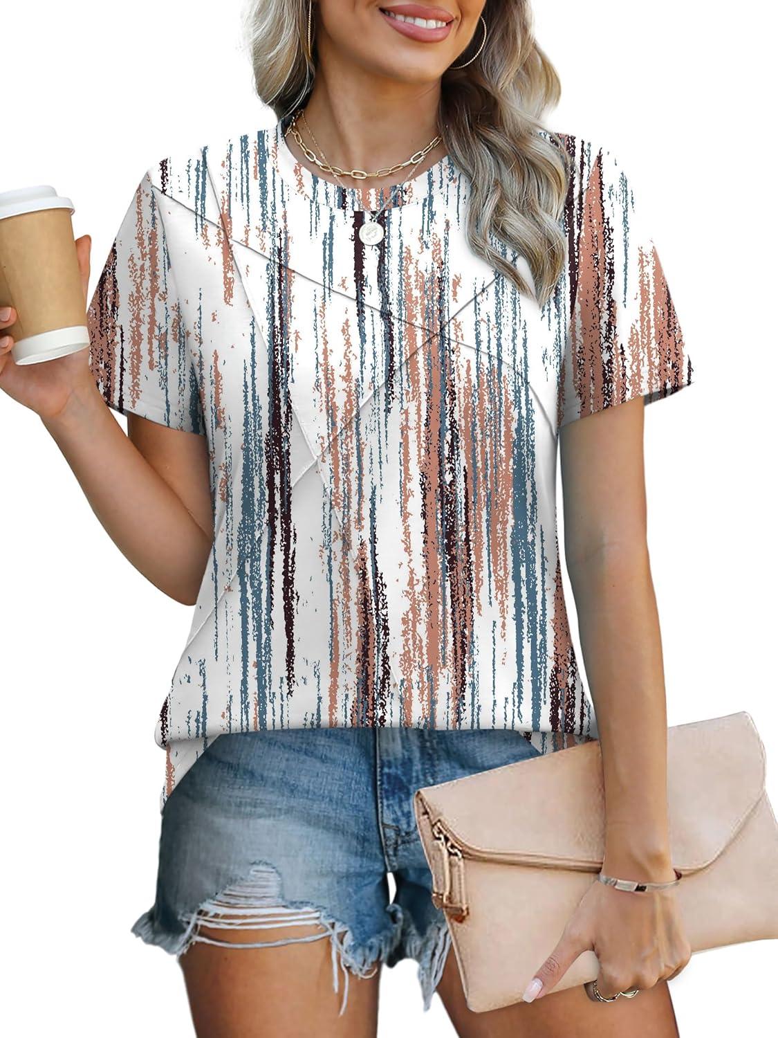 imageXIEERDUO Womens Summer Tops 2025 Pleated Round Neck Short Sleeve Shirts Business CasualZ Tie Dye