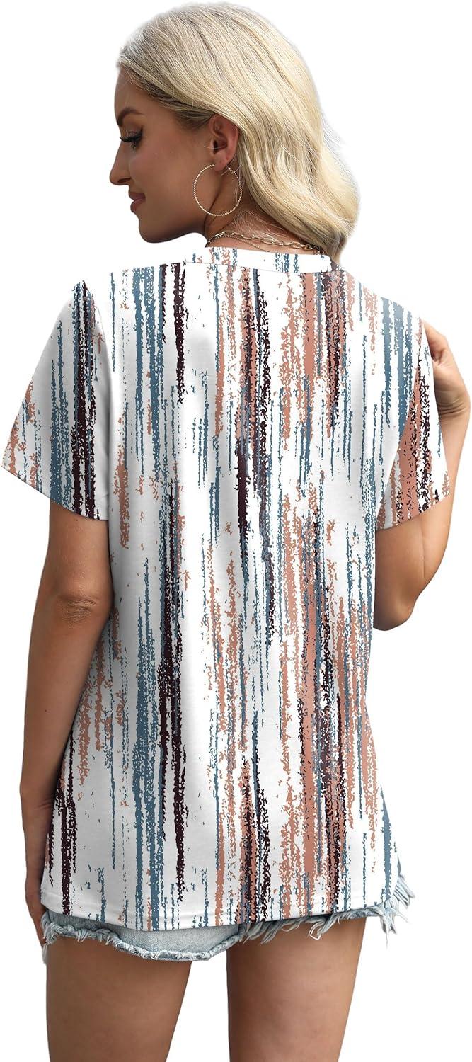 imageXIEERDUO Womens Summer Tops 2025 Pleated Round Neck Short Sleeve Shirts Business CasualZ Tie Dye