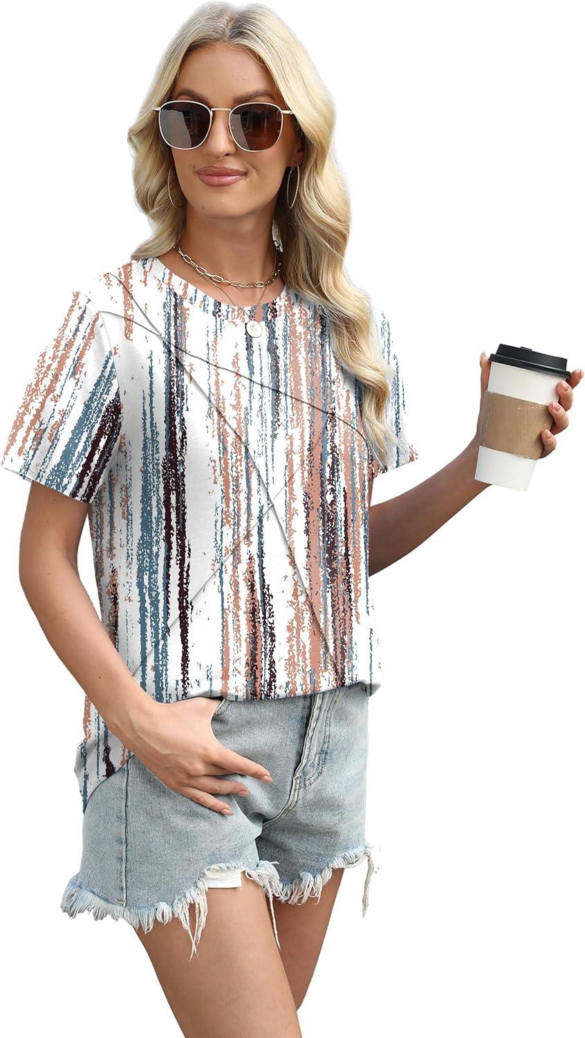 imageXIEERDUO Womens Summer Tops 2025 Pleated Round Neck Short Sleeve Shirts Business CasualZ Tie Dye