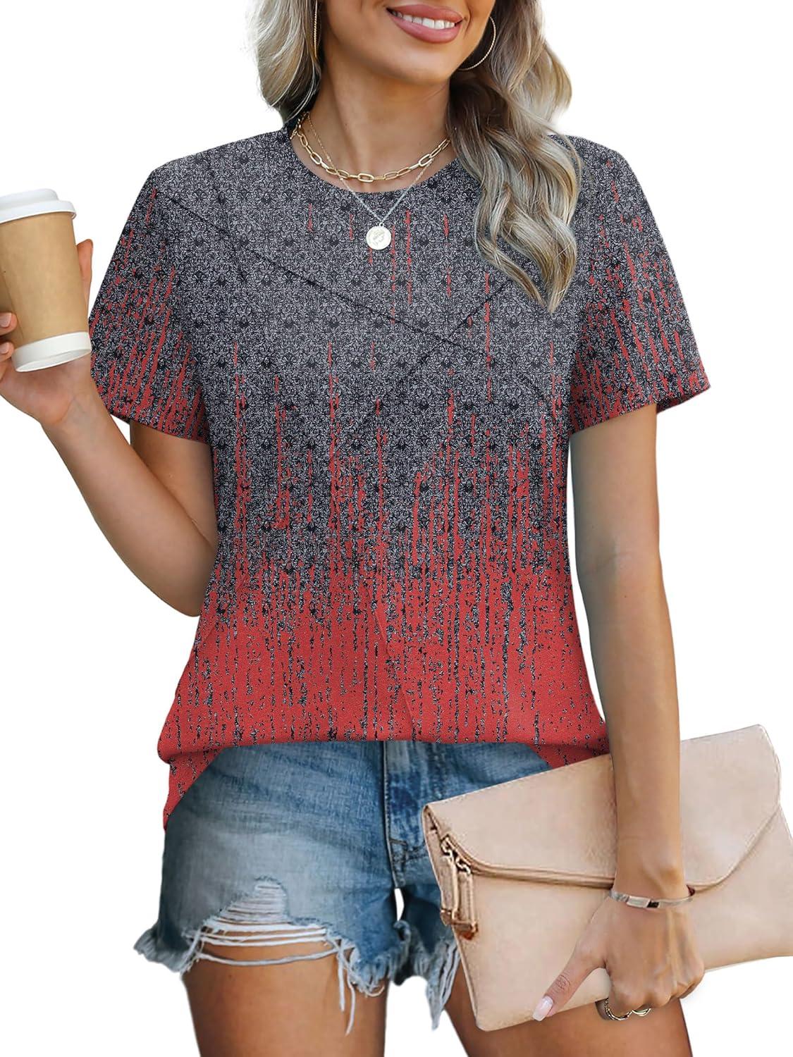 imageXIEERDUO Womens Summer Tops 2025 Pleated Round Neck Short Sleeve Shirts Business CasualZ Tiedye B