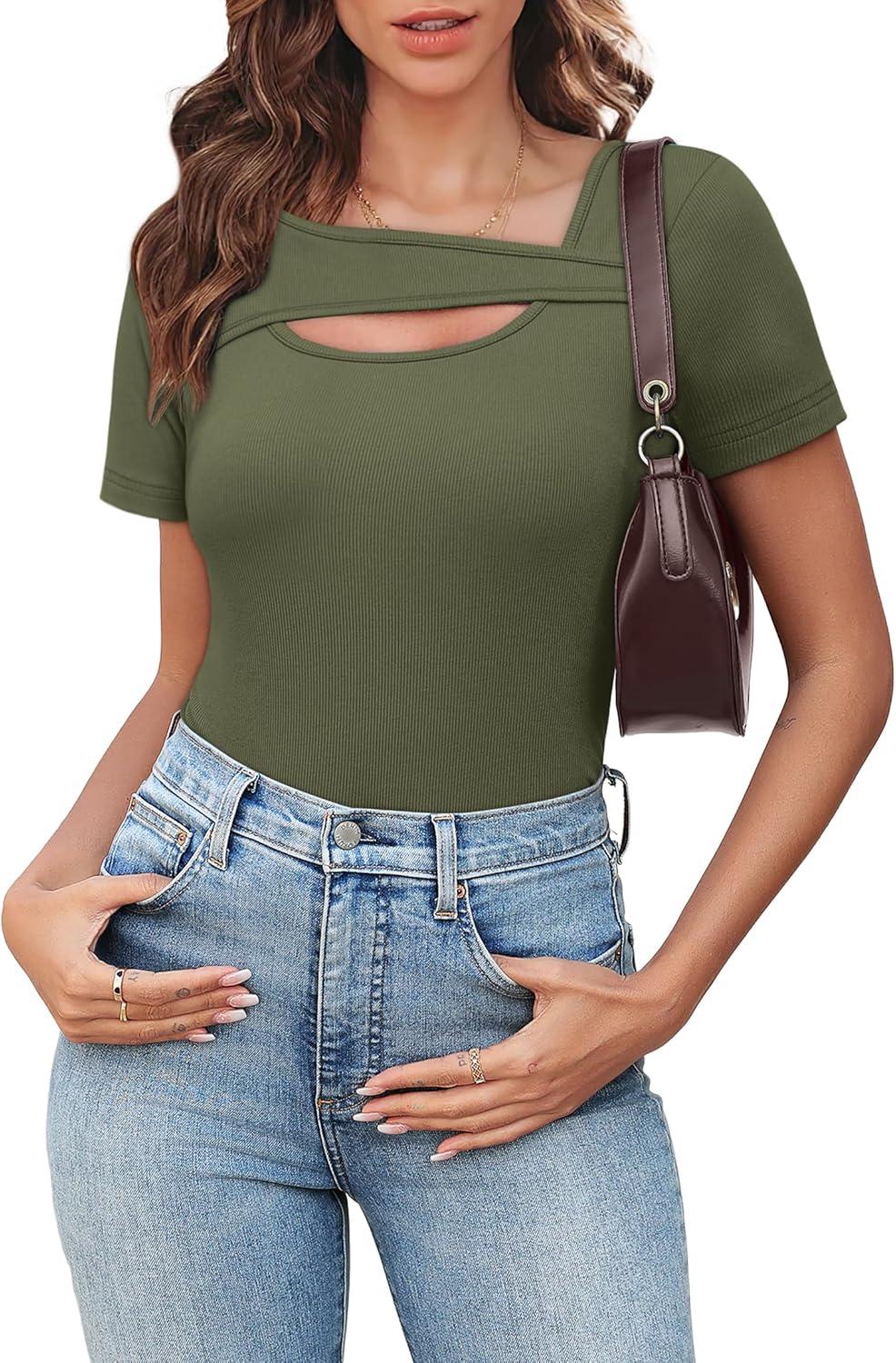 imageXIEERDUO Womens Summer Tops Short Sleeve Shirts for Women Sexy Tops Y2K Shirts One Piece Cutout TopsArmy Green