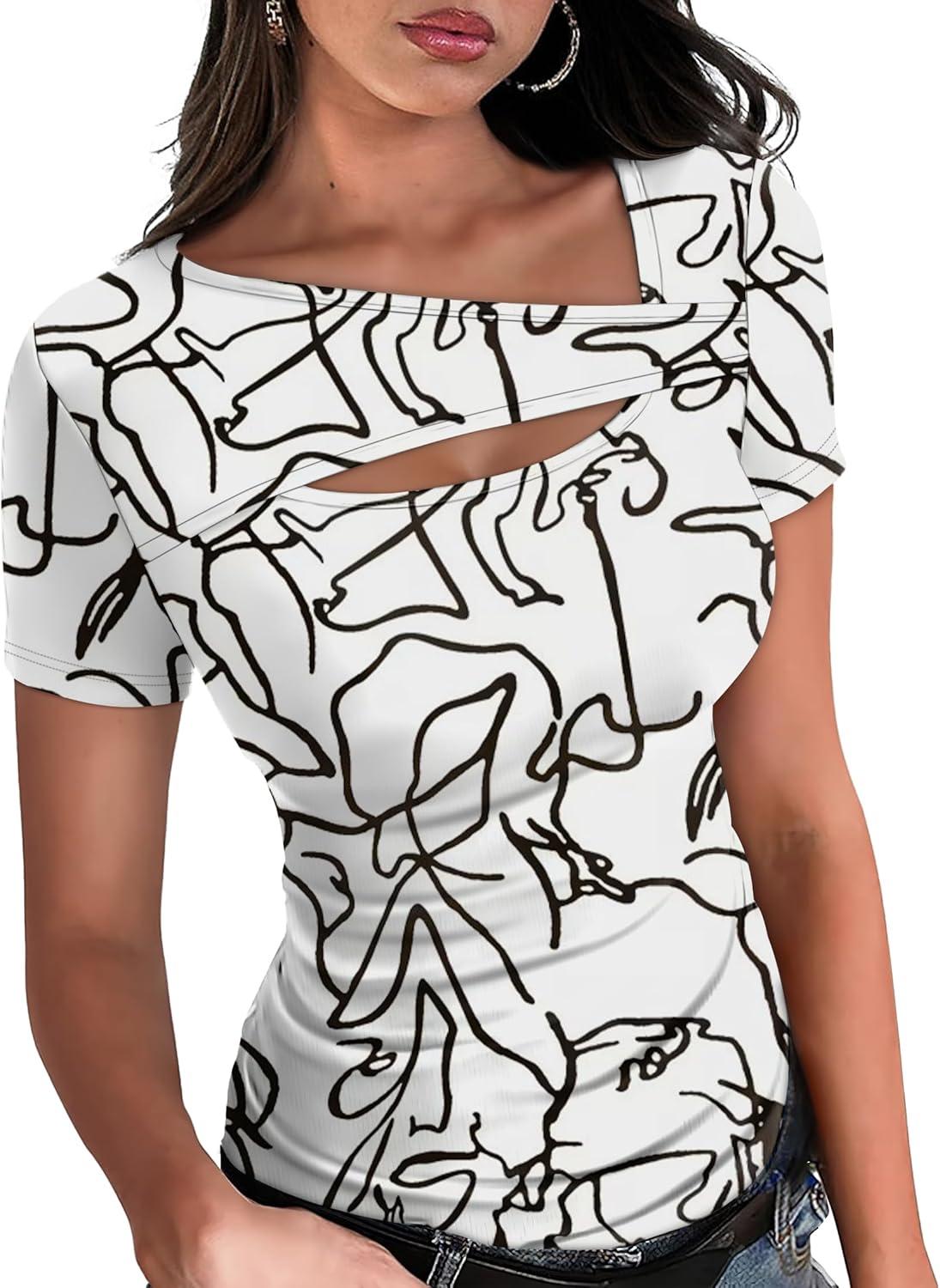 imageXIEERDUO Womens Summer Tops Short Sleeve Shirts for Women Sexy Tops Y2K Shirts One Piece Cutout TopsBlack Lines