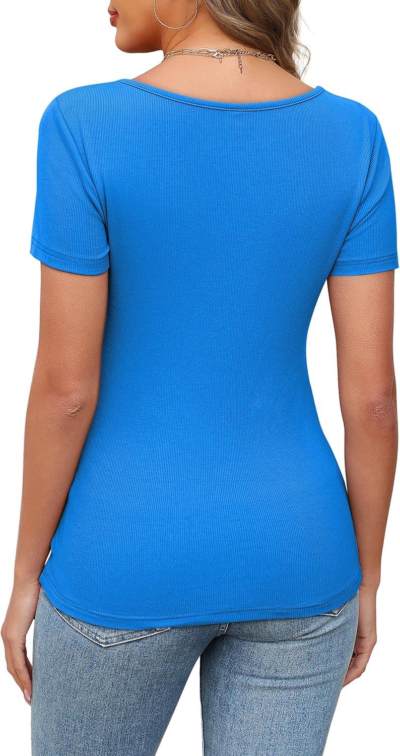 imageXIEERDUO Womens Summer Tops Short Sleeve Shirts for Women Sexy Tops Y2K Shirts One Piece Cutout TopsBlue