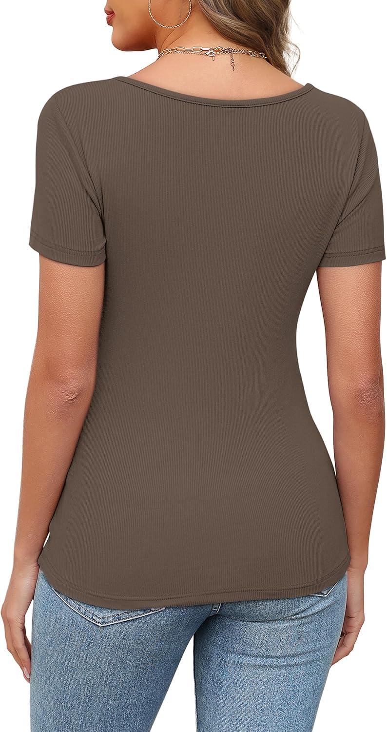 imageXIEERDUO Womens Summer Tops Short Sleeve Shirts for Women Sexy Tops Y2K Shirts One Piece Cutout TopsBrown