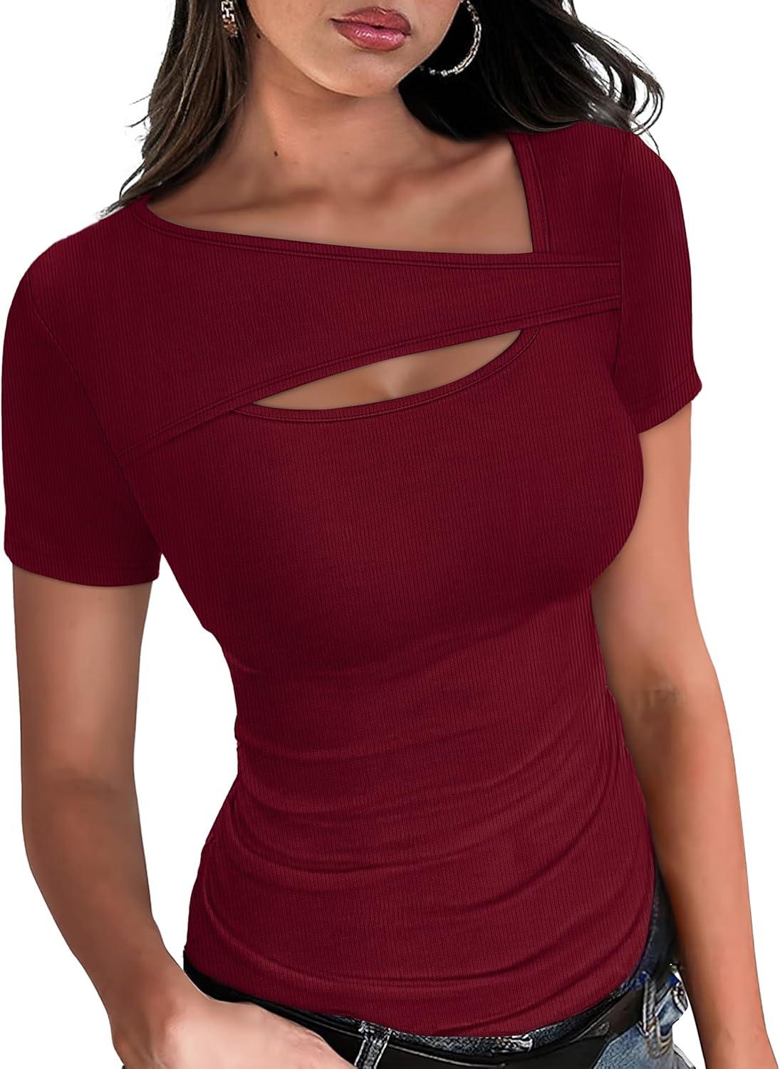 imageXIEERDUO Womens Summer Tops Short Sleeve Shirts for Women Sexy Tops Y2K Shirts One Piece Cutout TopsDark Red