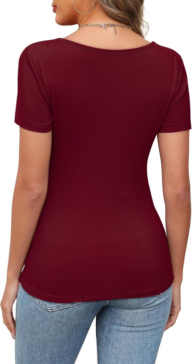 imageXIEERDUO Womens Summer Tops Short Sleeve Shirts for Women Sexy Tops Y2K Shirts One Piece Cutout TopsDark Red
