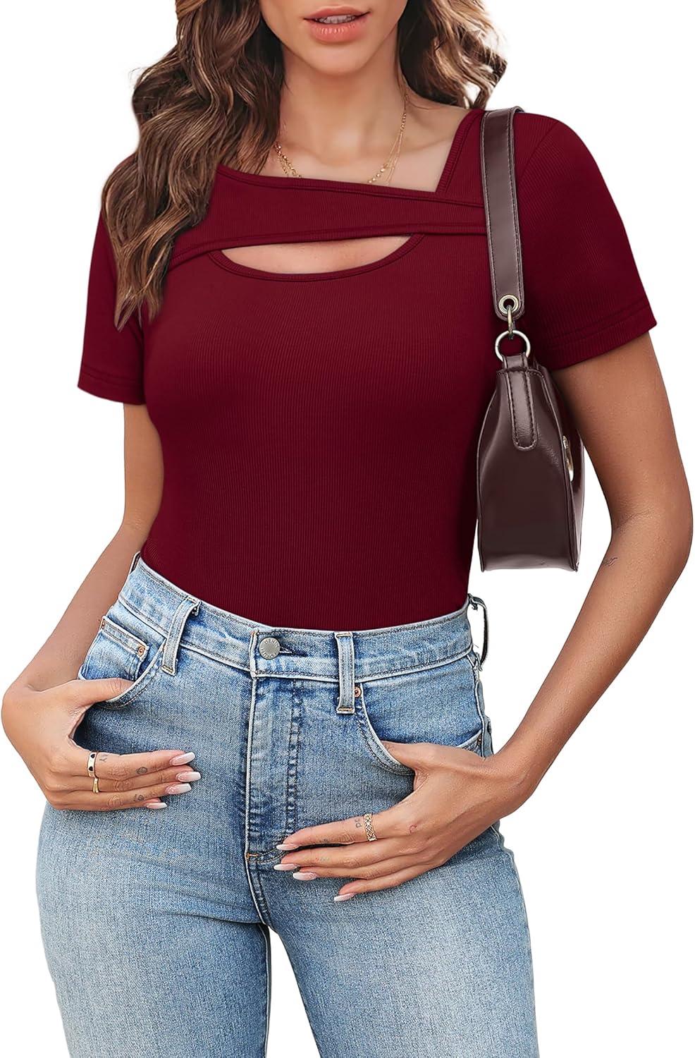 imageXIEERDUO Womens Summer Tops Short Sleeve Shirts for Women Sexy Tops Y2K Shirts One Piece Cutout TopsDark Red