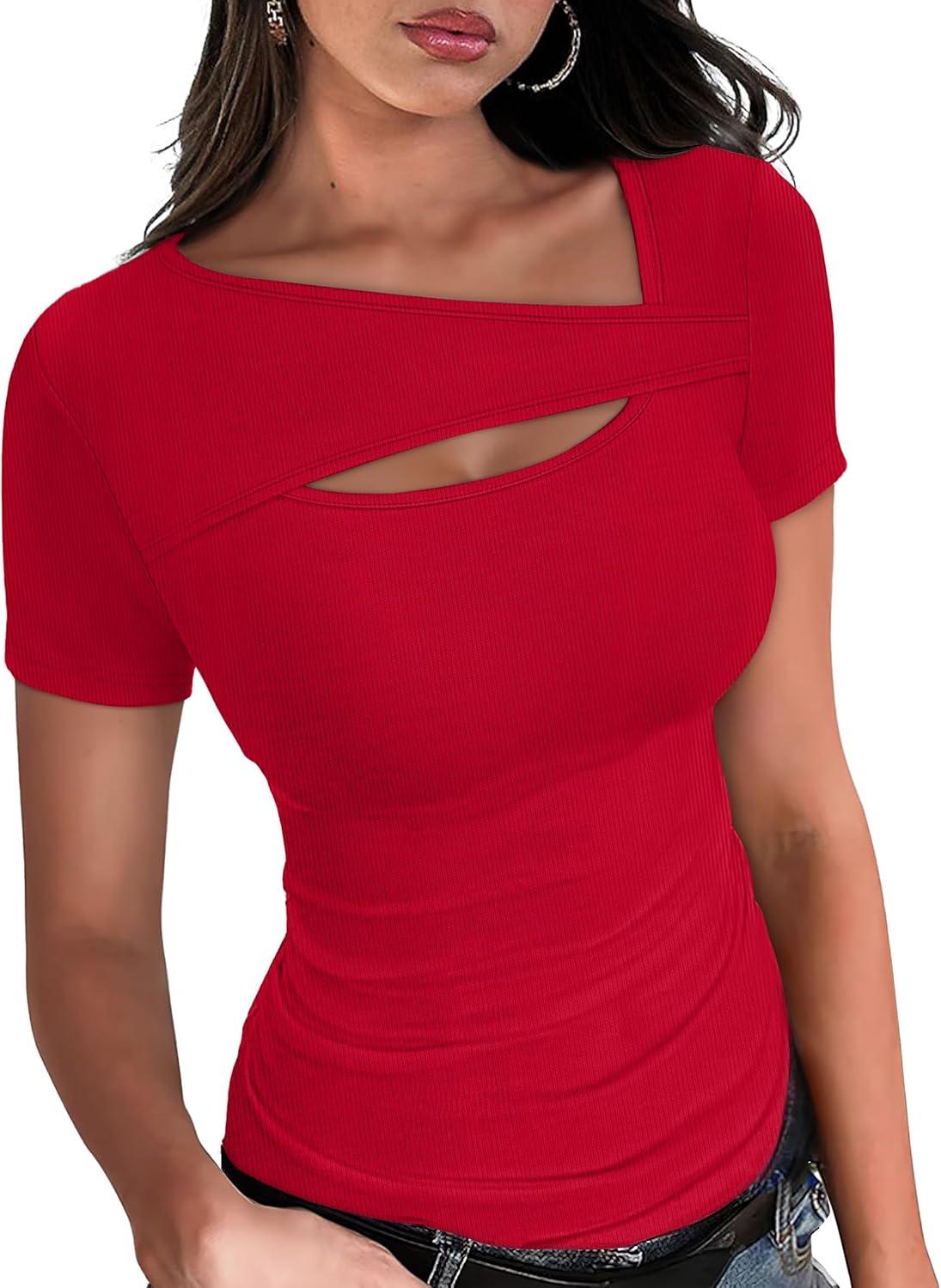 imageXIEERDUO Womens Summer Tops Short Sleeve Shirts for Women Sexy Tops Y2K Shirts One Piece Cutout TopsRed