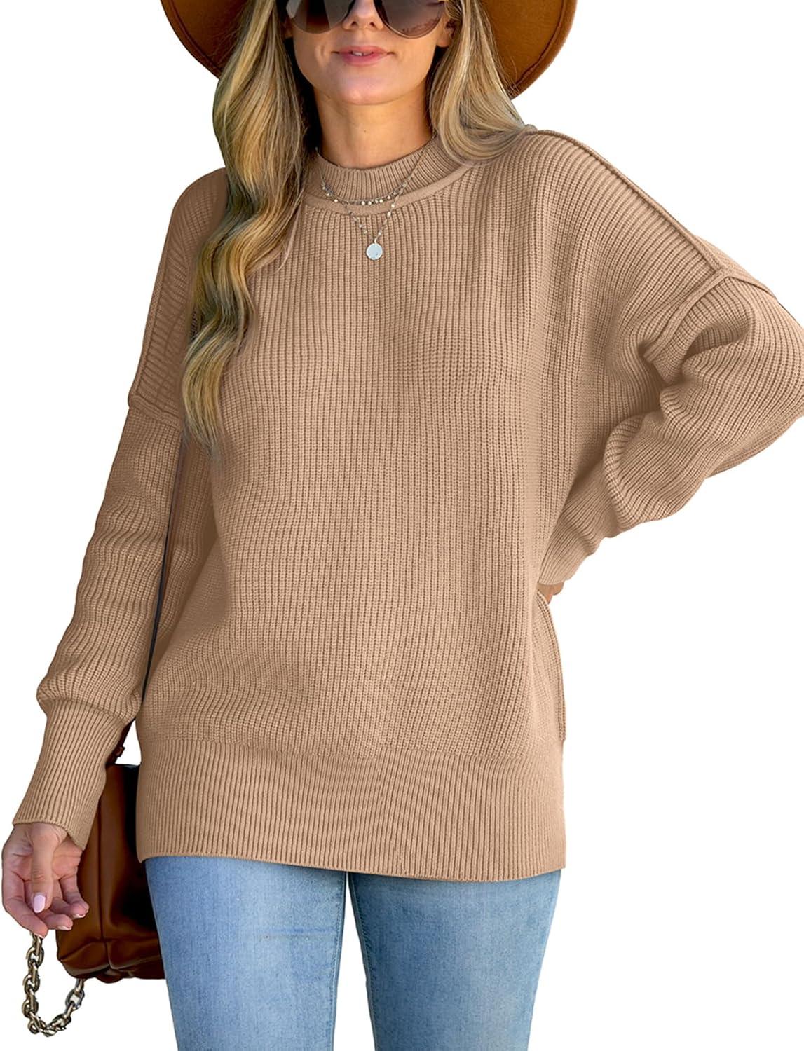 imageXIEERDUO Womens Sweaters Knit Crewneck Fall Fashion 2023 Oversized Sweater Pullover Tops Khaki L