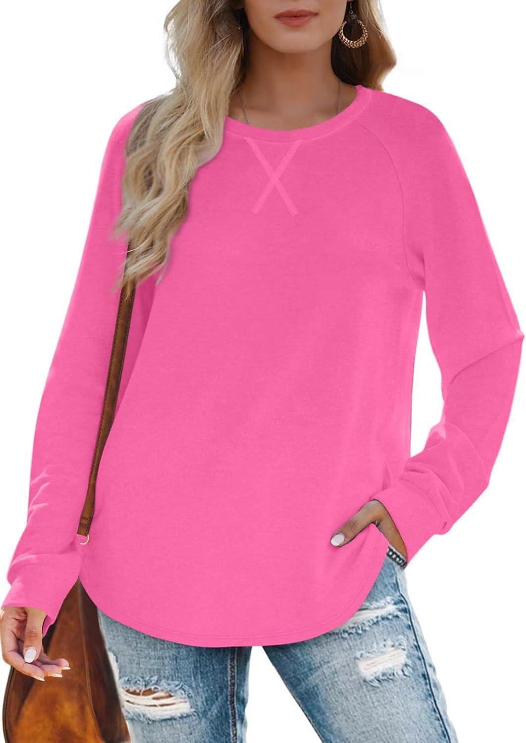 imageXIEERDUO Womens Sweatshirts Crewneck Loose Fitting Tops For Women Long Sleeve Shirts Pullover02mhot Pink