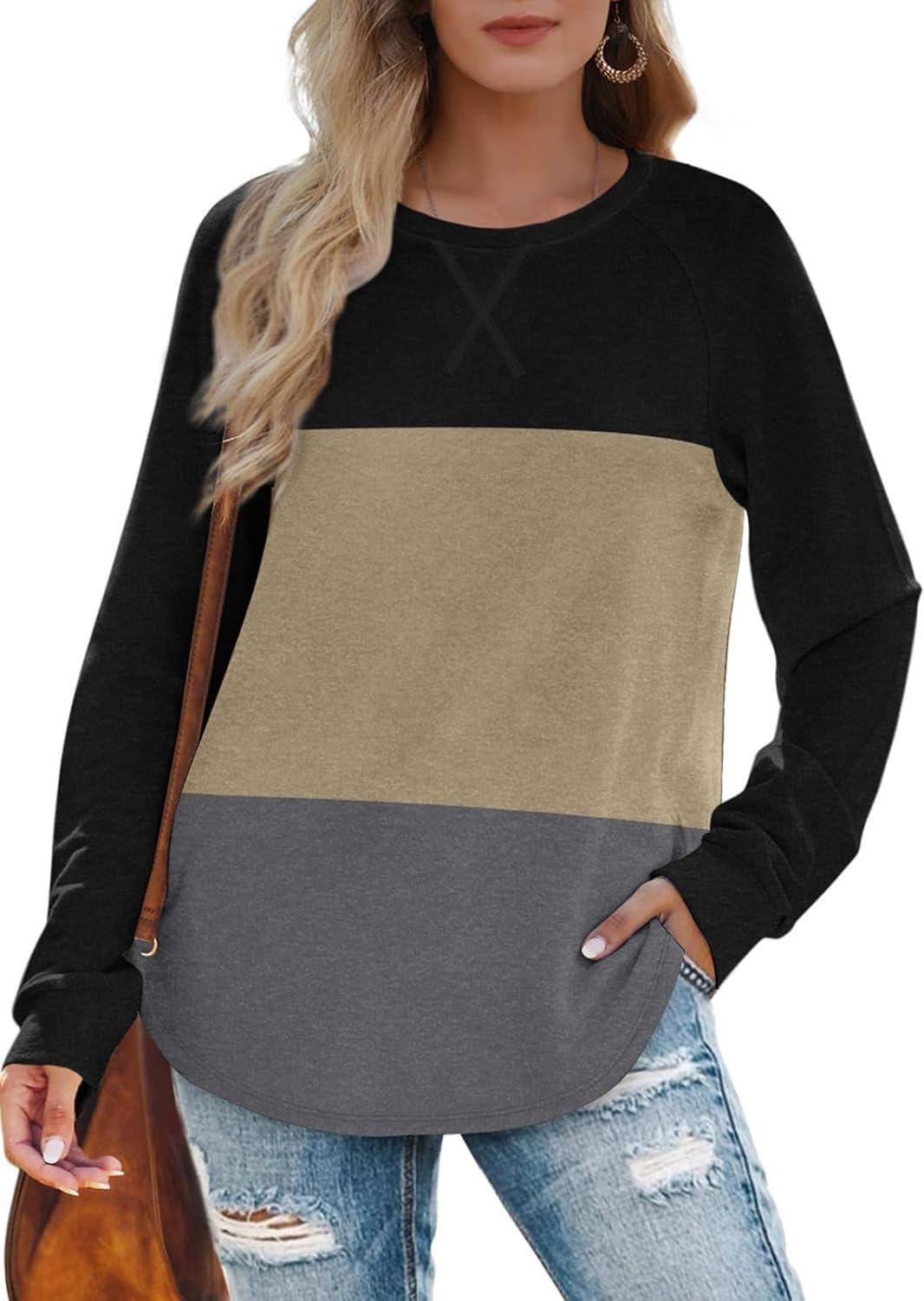 imageXIEERDUO Womens Sweatshirts Crewneck Loose Fitting Tops For Women Long Sleeve Shirts Pullover02qblackkhakigrey