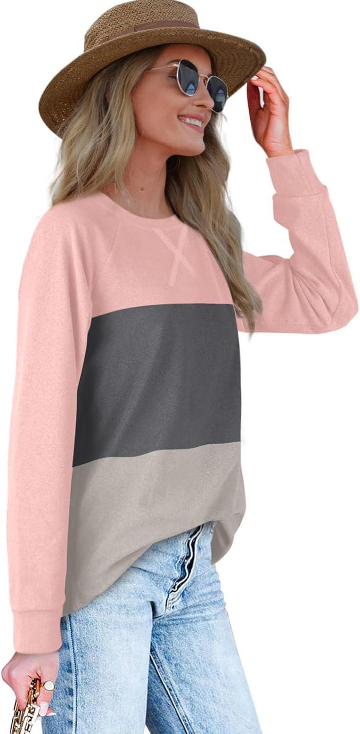 imageXIEERDUO Womens Sweatshirts Crewneck Loose Fitting Tops For Women Long Sleeve Shirts Pullover02tpinkgrey