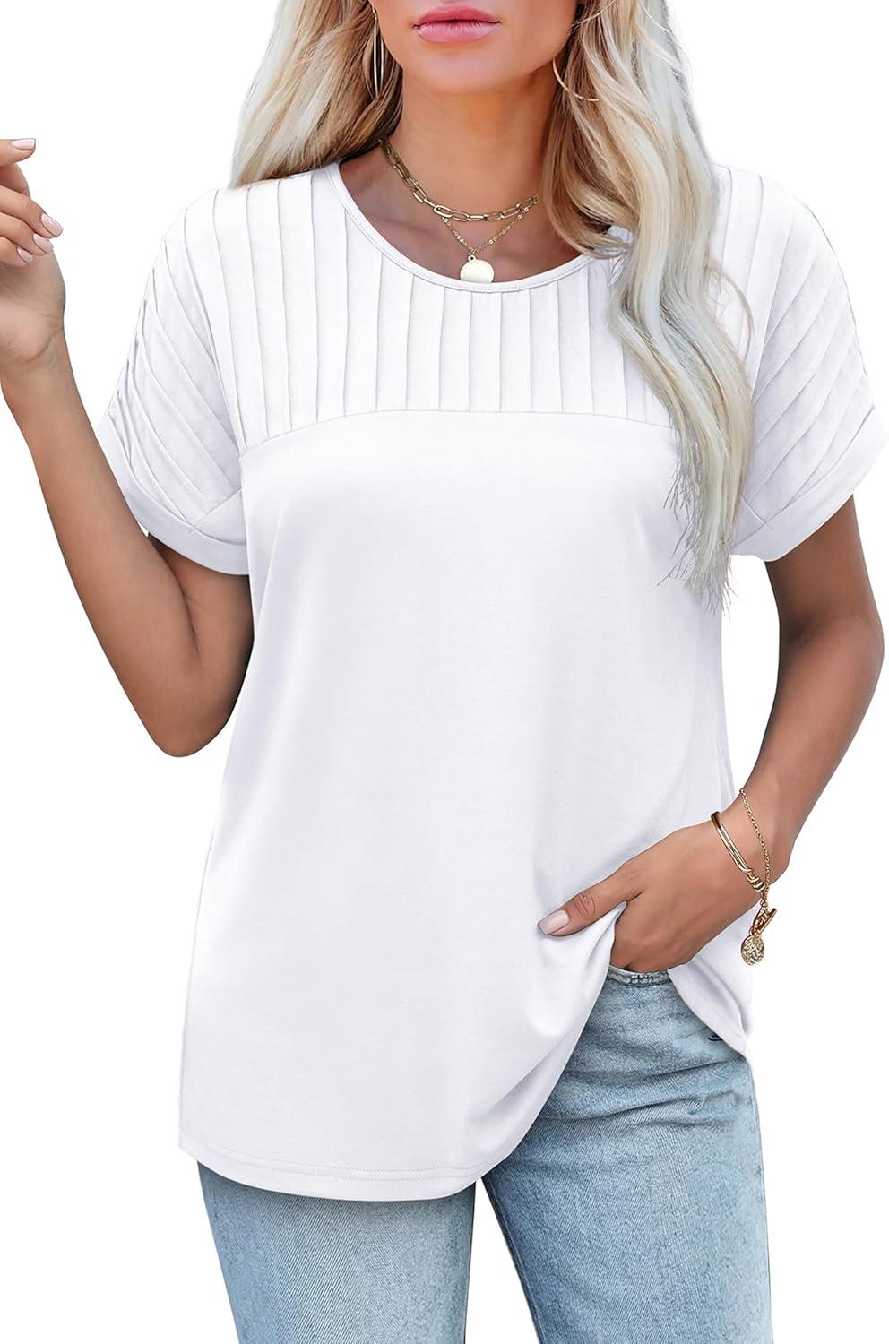 imageXIEERDUO Womens T Shirts Casual Summer Tops Pleated Crewneck Short Sleeve Blouses Trendy Beach Vacation ClothesA White