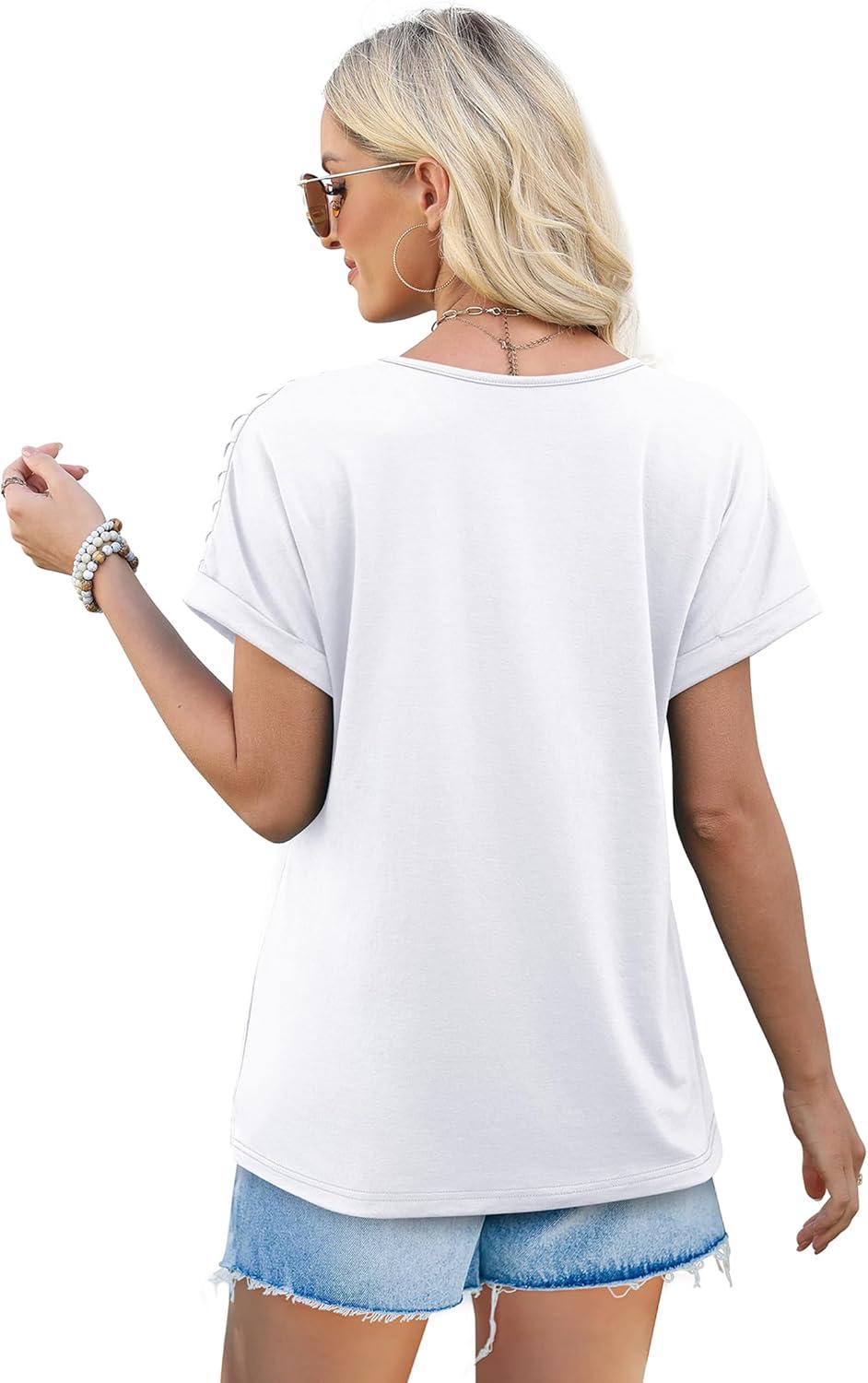 imageXIEERDUO Womens T Shirts Casual Summer Tops Pleated Crewneck Short Sleeve Blouses Trendy Beach Vacation ClothesA White