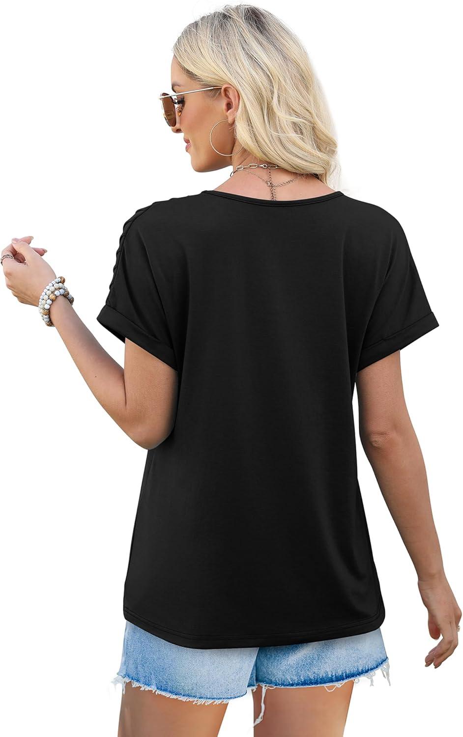 imageXIEERDUO Womens T Shirts Casual Summer Tops Pleated Crewneck Short Sleeve Blouses Trendy Beach Vacation ClothesBlack