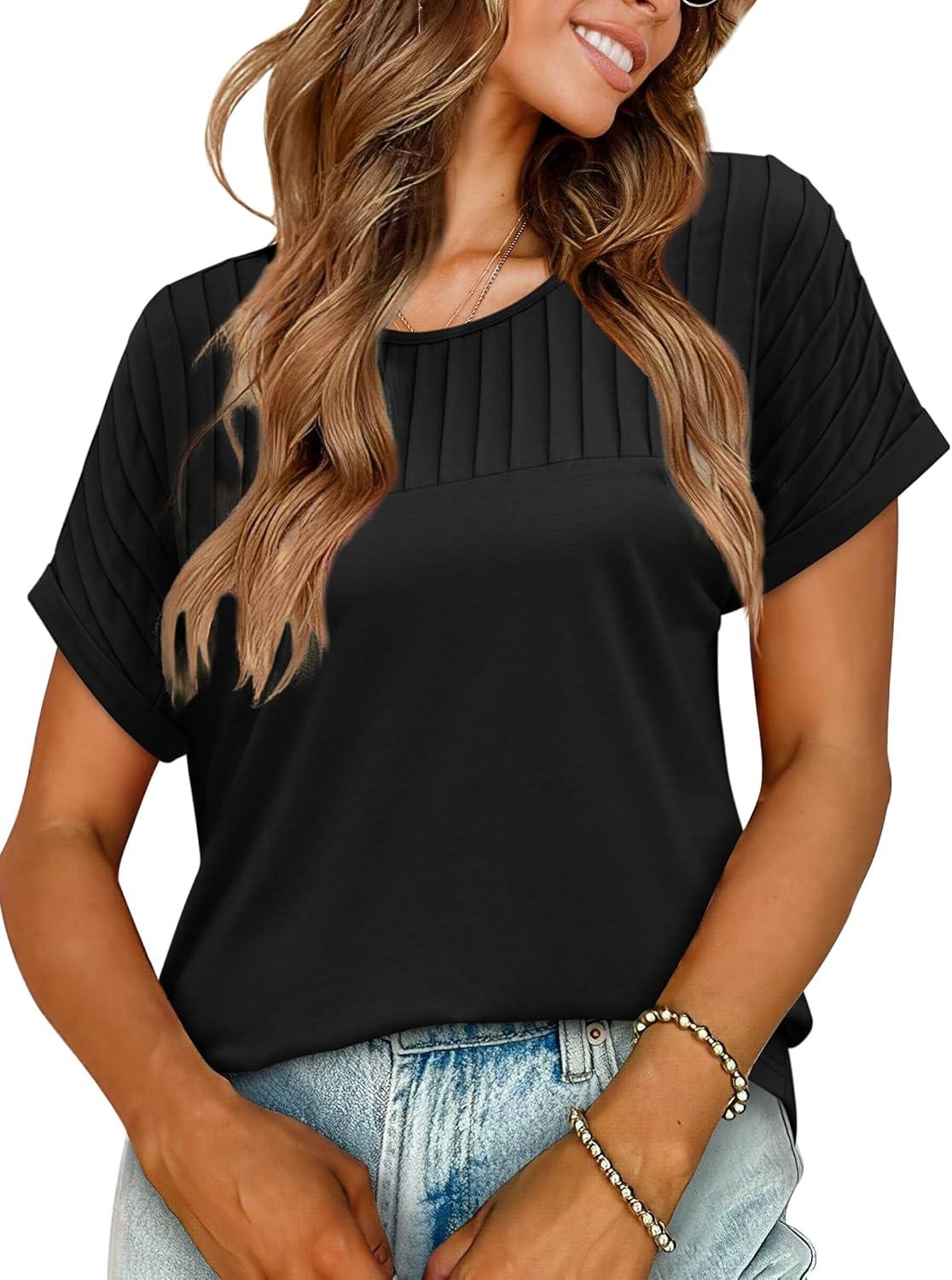 imageXIEERDUO Womens T Shirts Casual Summer Tops Pleated Crewneck Short Sleeve Blouses Trendy Beach Vacation ClothesBlack