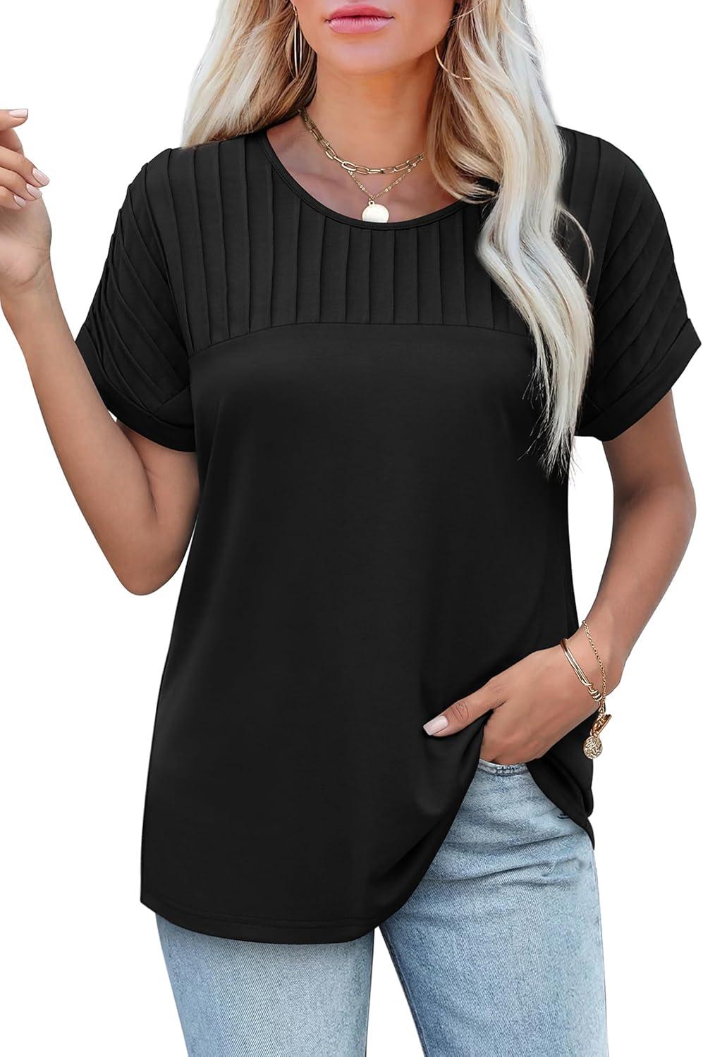 imageXIEERDUO Womens T Shirts Casual Summer Tops Pleated Crewneck Short Sleeve Blouses Trendy Beach Vacation ClothesBlack