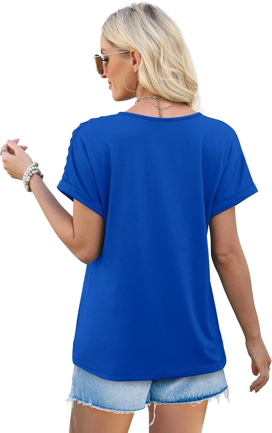 imageXIEERDUO Womens T Shirts Casual Summer Tops Pleated Crewneck Short Sleeve Blouses Trendy Beach Vacation ClothesBlue