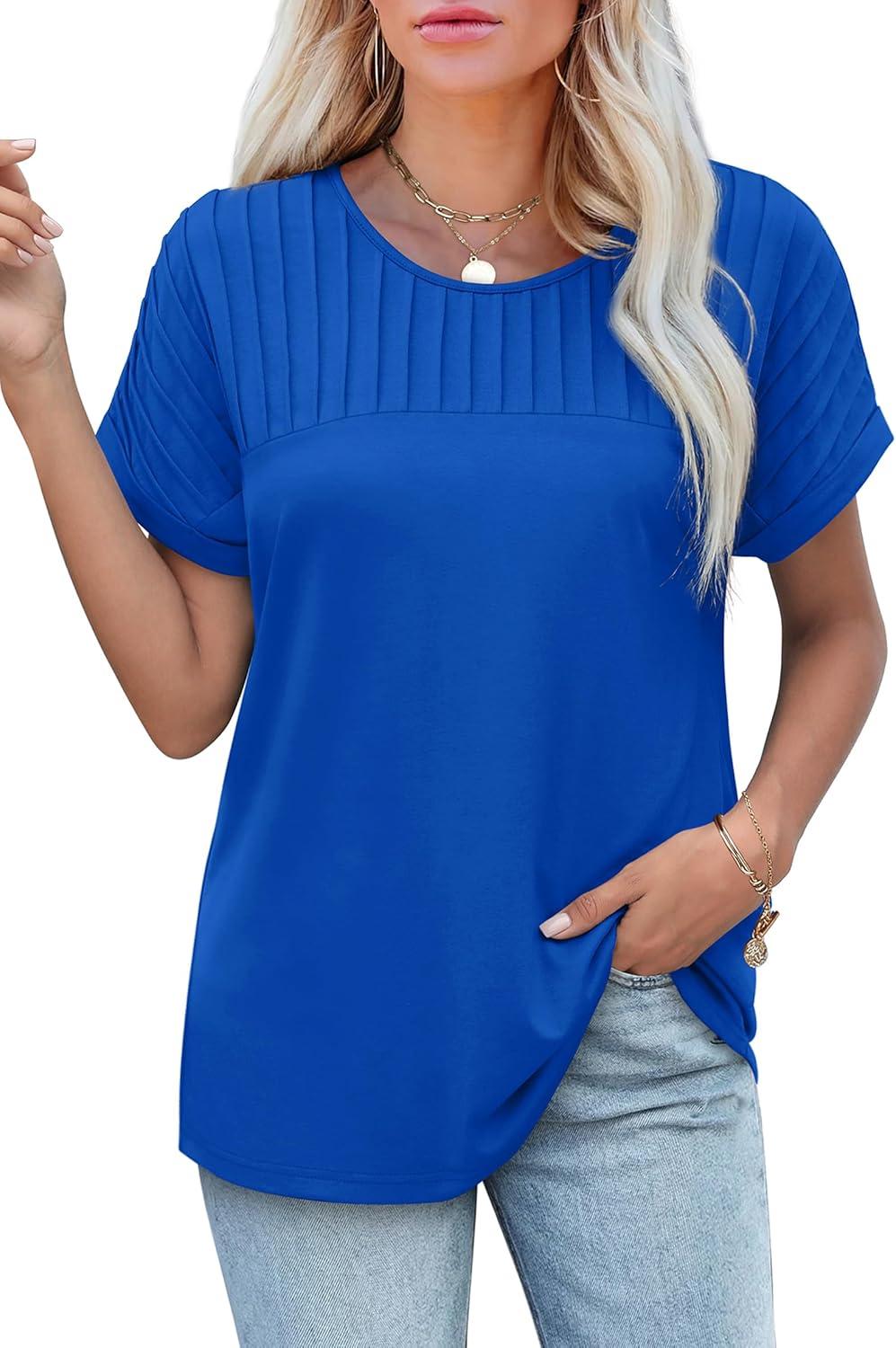 imageXIEERDUO Womens T Shirts Casual Summer Tops Pleated Crewneck Short Sleeve Blouses Trendy Beach Vacation ClothesBlue