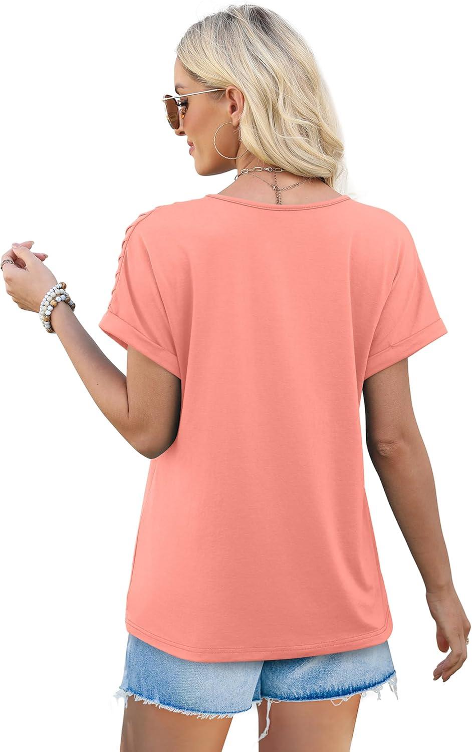 imageXIEERDUO Womens T Shirts Casual Summer Tops Pleated Crewneck Short Sleeve Blouses Trendy Beach Vacation ClothesCoral