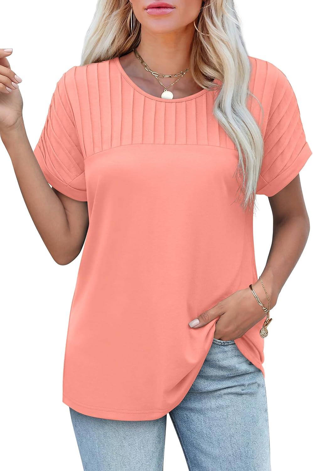 imageXIEERDUO Womens T Shirts Casual Summer Tops Pleated Crewneck Short Sleeve Blouses Trendy Beach Vacation ClothesCoral